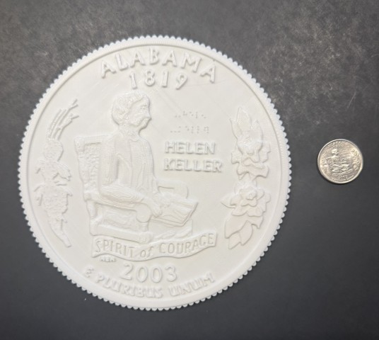 3D printed Alabama quarter with Helen Keller and original coin