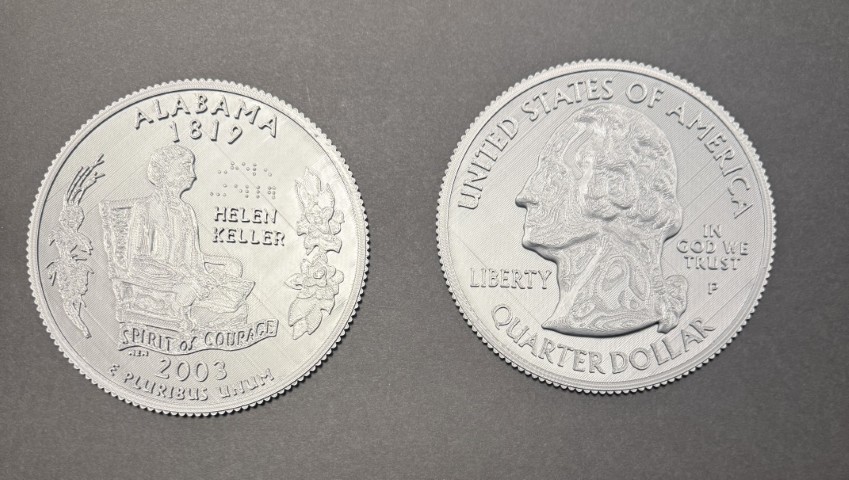 3D printed Alabama Quarter, obverse and reverse side by side