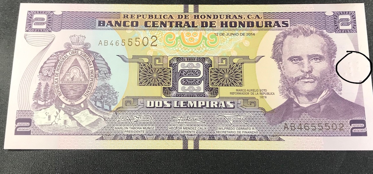 Honduras 2 Lempiras with braille